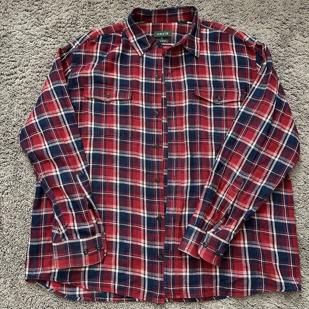 Orvis Men's Soft Flannel Long Sleeve Shirt XL Red Active Fit Chest Pockets